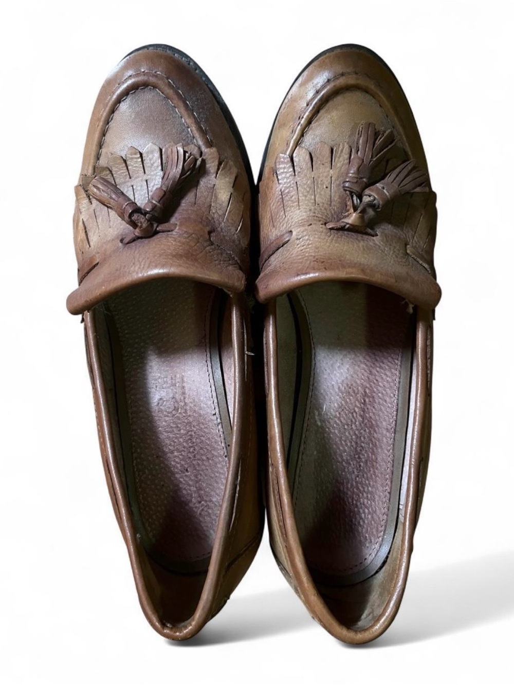 UK 🇬🇧 Vintage Office Vintage Brown Leather Tassel Kiltie Pumps with Block Heel 8